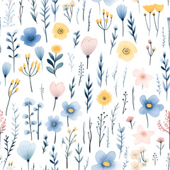 Dainty Floral Doodles Digital Paper , Dainty Floral Doodles Seamless Pattern  , Scrapbook  Paper Delicate hand-drawn flowers and vines in a whimsical and seamless design , generative AI illustration