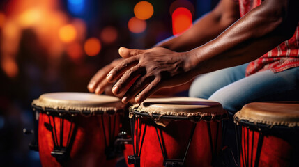 hands of an expert percussionist playing the drums during a Latin American dance party generative ai