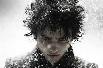 Mysterious Young Man Amidst a Whirl of Snowflakes and Shadows