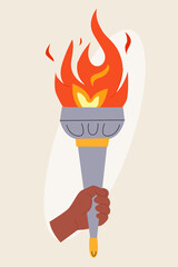 symbol of Sports games. flame. torch. concept of sports games.hands hold sports symbols of competition flame. Items for participation in sports games. Illustration for ad, poster, sticker, app, banner