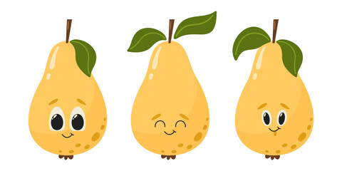 Pear fruit characters with face. Summer set vitamin vector illustration isolated on white. Cartoon flat style
