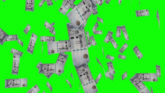 500 SAUDI RIYAL notes falling Green screen