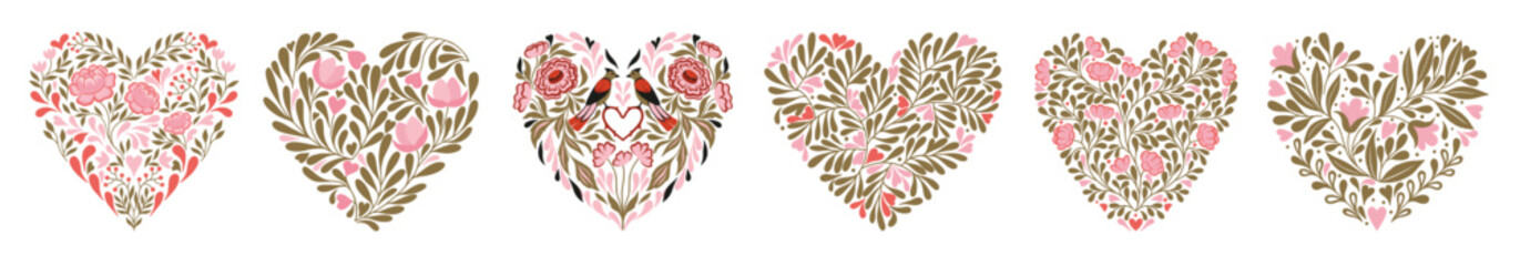 Set of Floral Hearts. Valentine’s Day. Vector. - obrazy, fototapety, plakaty