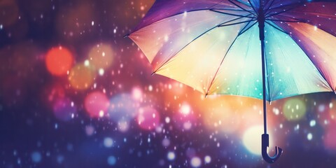 Experience the weather concept with rain falling on a rainbow umbrella, capturing both spring and fall showers, accompanied by abstract defocused drops and subtle light flare effects - Powered by Adobe