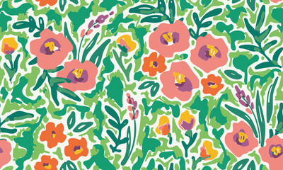 Seamless floral pattern, spring summer ditsy print with artistic painting meadow. Cute botanical design: hand drawn small colorful flowers, green leaves, grass on white. Simple vector flower print.