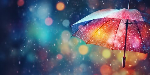 Experience the weather concept with rain falling on a rainbow umbrella, capturing both spring and fall showers, accompanied by abstract defocused drops and subtle light flare effects - Powered by Adobe