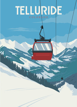 telluride travel poster vintage illustration design with cable car or gondola design, skiing and snowboarding poster
