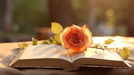 Beautiful pink rose on an open book with morning sunlight in the garden, book lovers and love concept, romantic valentine s day background.