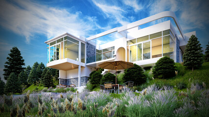 3D rendering of tropical house exterior	