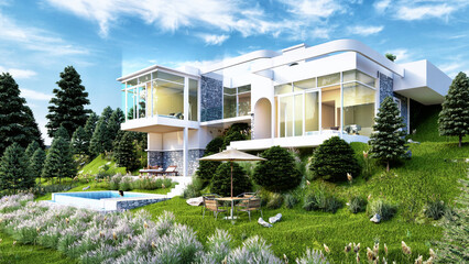 3D rendering of tropical house exterior	