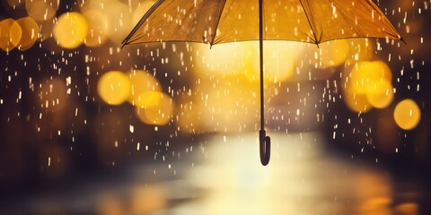 The weather concept with rain falling on a yellow umbrella,  accompanied by abstract defocused drops and subtle light flare effects