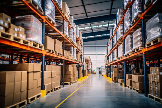 Industrial warehouse or storehouse with shelves full of goods, logistics, stock and inventory management concept.