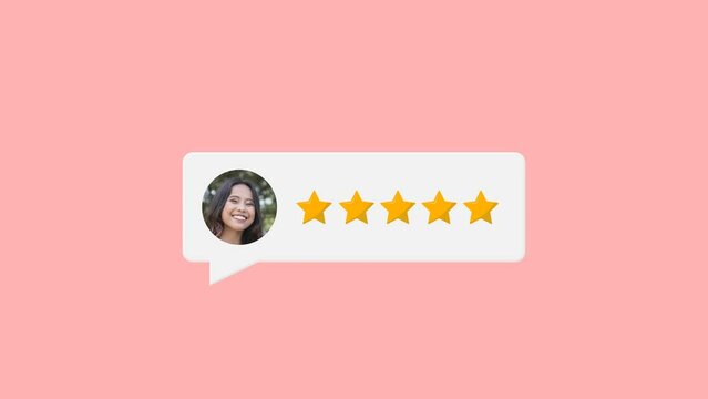 Animated chatbox intro and outro - A satisfied customer leaving a 5-star review in the comment section of a forum, page or online shopping website. Light pink background.
