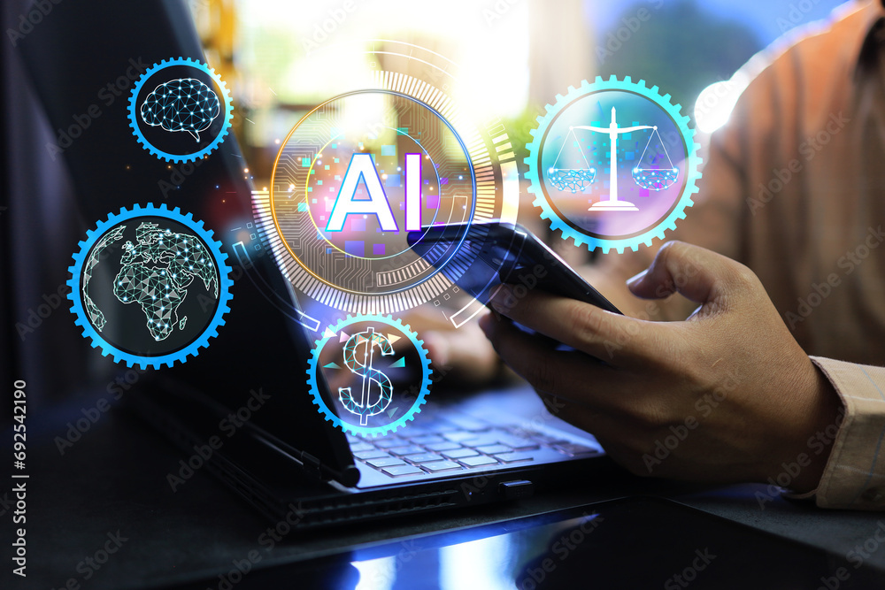 Wall mural ai ethical concept with businessman using artificial intelligence on smartphone but must also consid