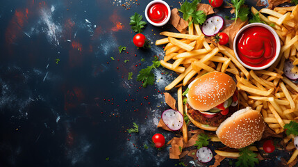 Obraz na płótnie Canvas Overhead View of a Fast Food Meal With Burgers, Fries, and Condiments on a Dark Background