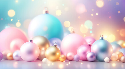 Fototapeta premium Christmas decoration with colorful pastel baubles against a backdrop of sparkling lights of winter snowfall. Banner with copy space.Generative AI