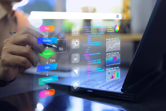 Programmer or engineer working with logical work flow chart to condition determine of working process and software for document works logic to automation process and working indication