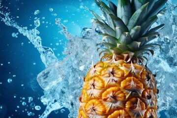 Splashed Pineapple juice on deep blue tropical background, summer drink