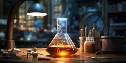 The realm of research and innovation with a laboratory beaker filled with a scientific formula.