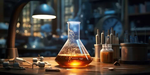 Muurstickers The realm of research and innovation with a laboratory beaker filled with a scientific formula. © Nattadesh