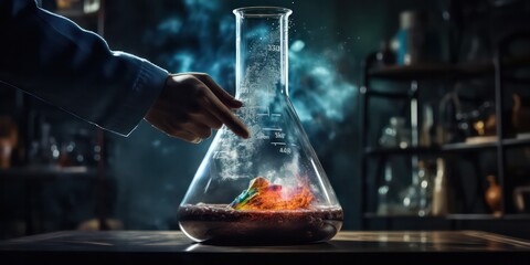 The realm of research and innovation with a laboratory beaker filled with a scientific formula. - obrazy, fototapety, plakaty