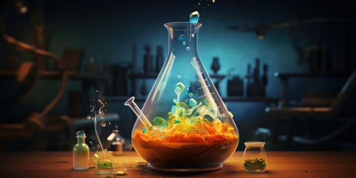 The realm of research and innovation with a laboratory beaker filled with a scientific formula.