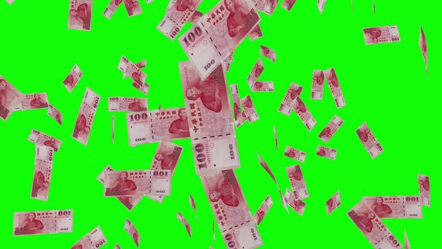 100 NEW TAIWAN DOLLAR notes falling Green screen