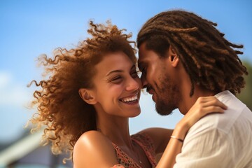 Happy romantic diverse passionate couple in love dancing on the ocean coast stading arm in arm very close for Saint Valentine's day concept