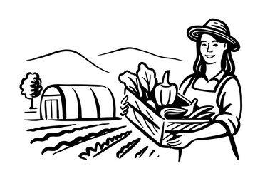 Farmer girl holding basket of vegetables. Agriculture