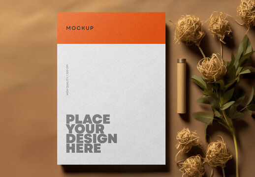 A4 Letterhead Mockup with Dried Flowers and Pen &ndash; Realistic Stationery Template for Business Branding, Minimal Office Presentation, or Elegant Identity Design