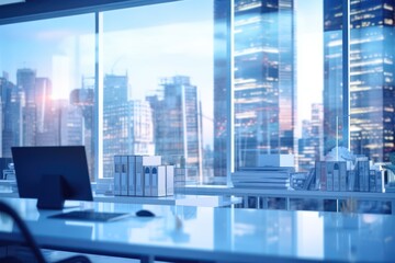 Fototapeta na wymiar A beautifully blurred image of a meeting room in a modern office, showcasing panoramic windows.