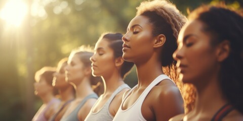 A diverse group of women, each from different ethnic backgrounds, stretching their arms outdoors. This yoga class engages in a breathing exercise at the park, promoting a sense of unity and wellness. - Powered by Adobe