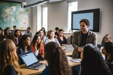 A lecturer conducting a computer science class for a diverse and multiethnic group of female and male classmates in a college classroom. - Powered by Adobe