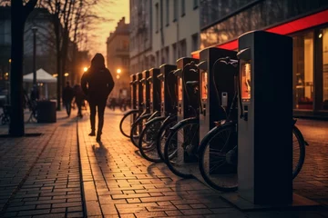 Zelfklevend Fotobehang Electric Bike Charging Station on a City Street at Dusk © esp2k