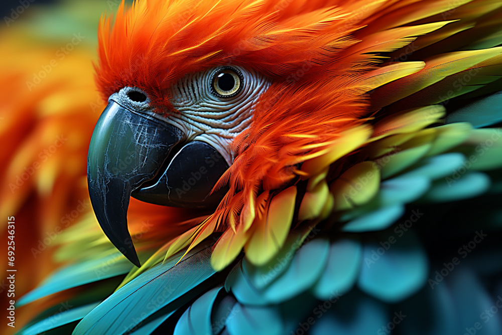 Poster parrot - rich orange and green abstract shapes in a rounded form.