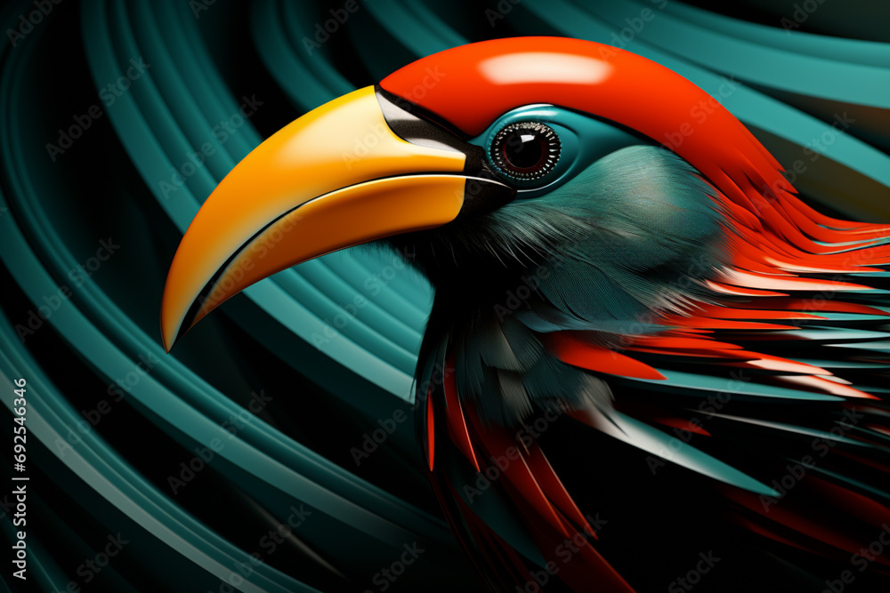 Poster toucan - rich orange and green abstract shapes in a rounded form.