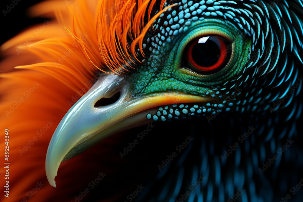 Poster cassowary - rich orange and green abstract shapes in a rounded form.