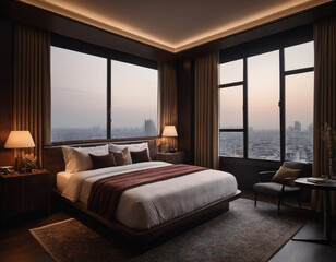 Fototapeta premium Dark bedroom interior, bed and workspace, double panoramic window, great view