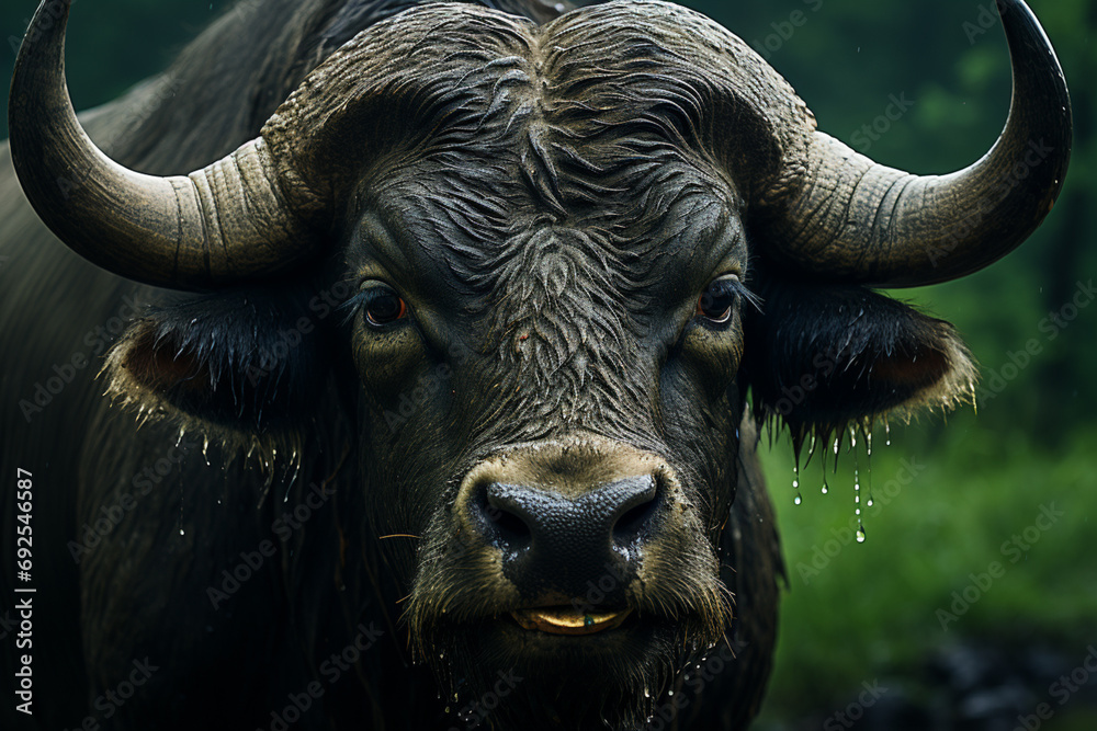 Poster cape buffalo - rich range and green abstract shapes in a rounded form.