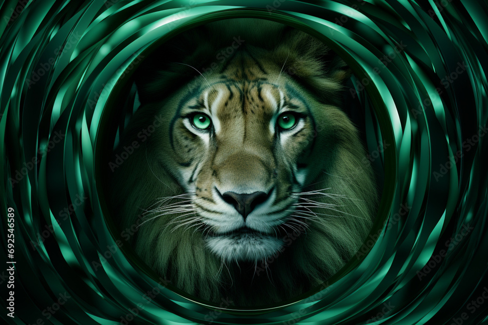 Poster Lion - Rich range and green abstract shapes in a rounded form.