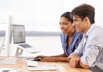 Teamwork, computer or web developers with research or IT support in office for online help....