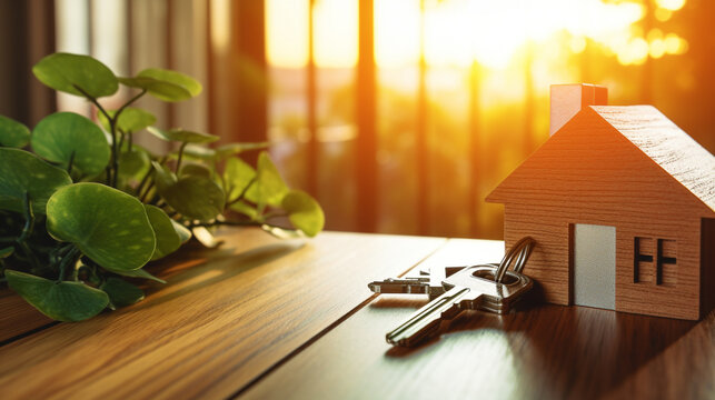 A close-up of keys and a model house are on the table in the house. Real estate concept