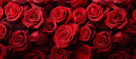Fototapeta premium Natural fresh red roses flower pattern wallpaper. top view, red rose flower wall background.