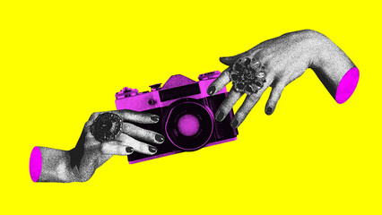 Female hands with rings holding vintage camera against bright yellow background. Contemporary art collage. Concept of y2k style, creativity, surrealism, abstract art, imagination. Colorful design - obrazy, fototapety, plakaty