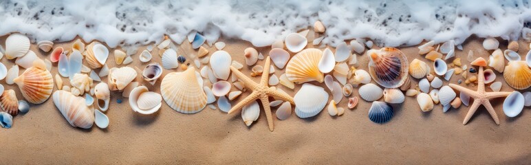 Fototapeta na wymiar Seashells scattered along the seashore create a picturesque beach holiday background