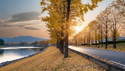 秋の銀杏並木と美しい川の流れと道と空 - obrazy, fototapety, plakaty