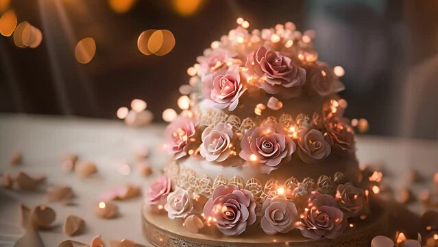 Wedding cake with sparkling lights. celebration. Newlyweds are cutting the cake. Sparkling lights of Bengal fires. Golden abstract blinking blurred, bokeh. New year. Bokeh moving around. Romantic love