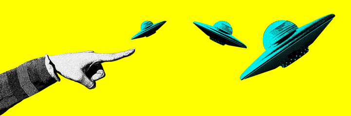 Male hand pointing at ufo against yellow background. Science of cosmos. Contemporary art collage. Concept of y2k style, creativity, surrealism, abstract art, imagination. Colorful design - obrazy, fototapety, plakaty