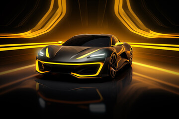 black sports or luxury car wallpaper with a fantastic yellow light effect background - obrazy, fototapety, plakaty