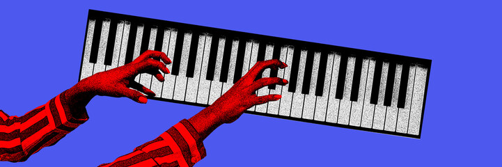 Female hands playing piano over blue background. Classical sounds, music, hobby. Contemporary art collage. Concept of y2k style, creativity, surrealism, abstract art, imagination. Colorful design © master1305